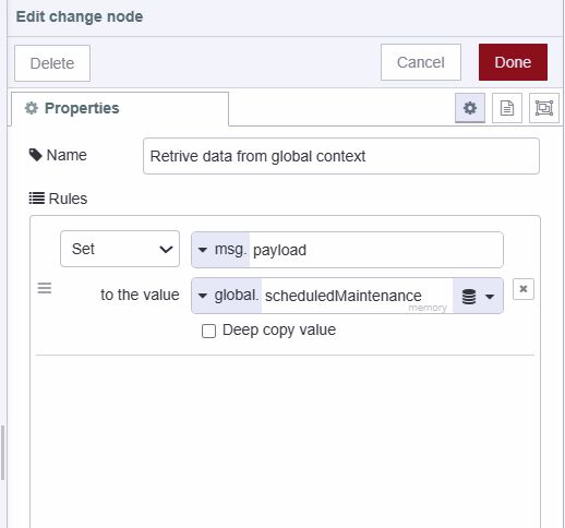 "Screenshot displaying the change node retriving data"