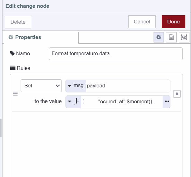 "Screenshot displaying the change node formating sensor data"