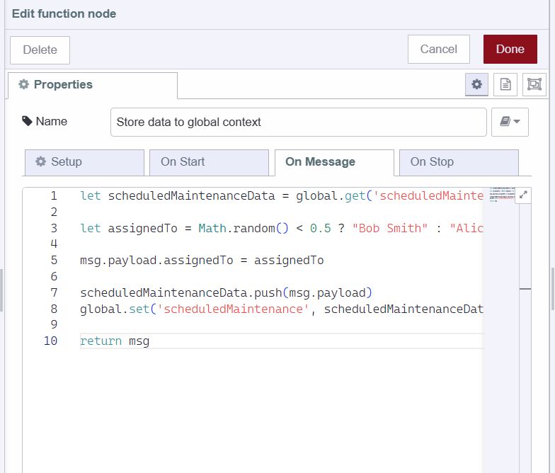 "Screenshot displaying function node processing and storing data to global context"