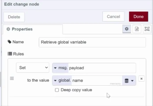 "Screenshot showing Node-RED Context data tab options for managing variables"