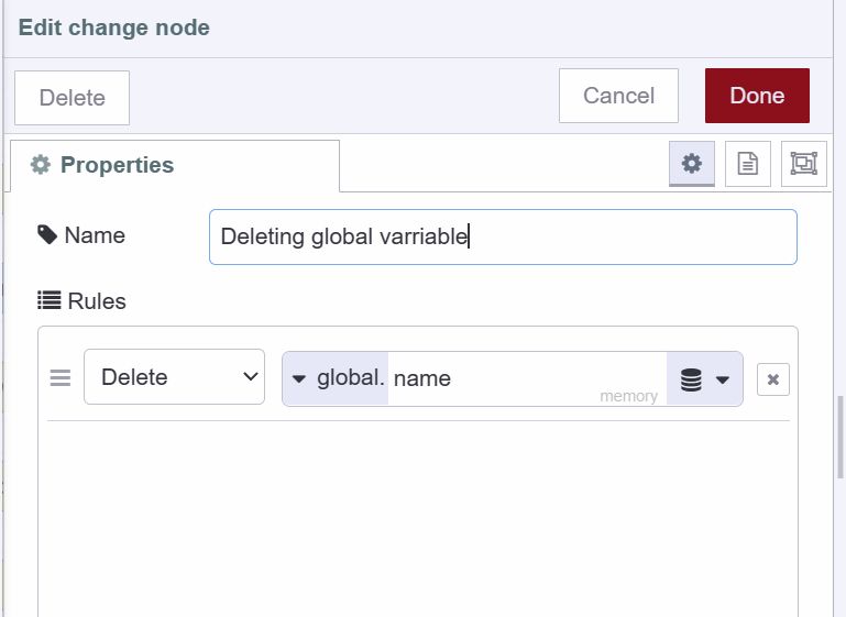 "Screenshot showing how to delete global variable using the change node"