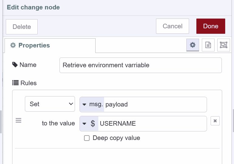 "Screenshot showing how to retrieve environment variable in the change node"