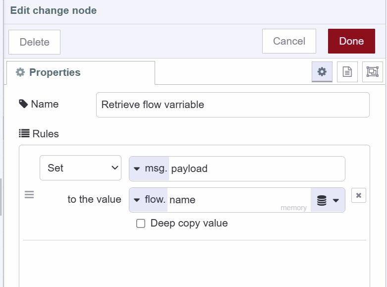"Screenshot showing how to retrieve flow variable using the change node"