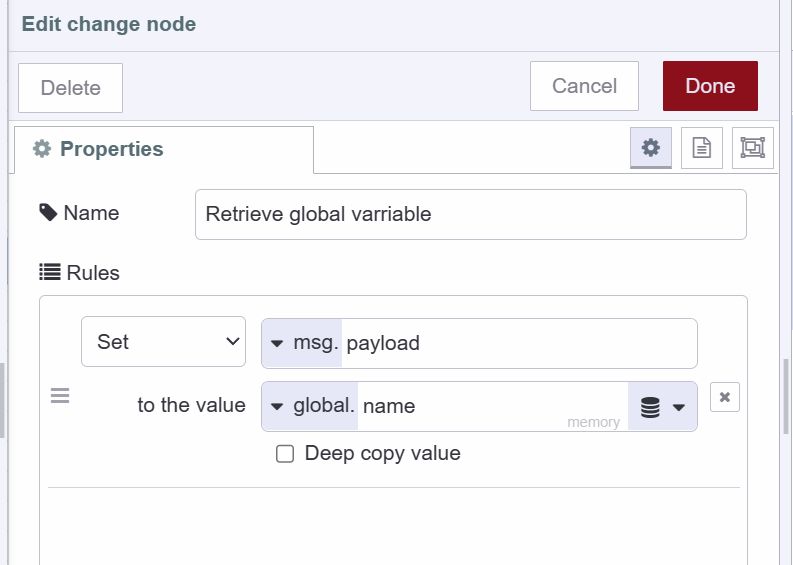 "Screenshot showing how to retrieve global variables using the change node"