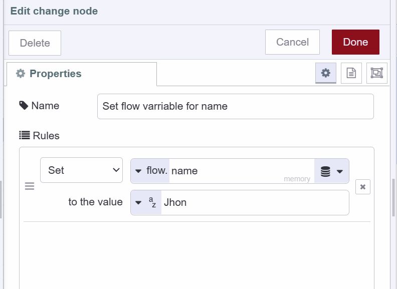 "Screenshot showing how to set flow variable using the change node"