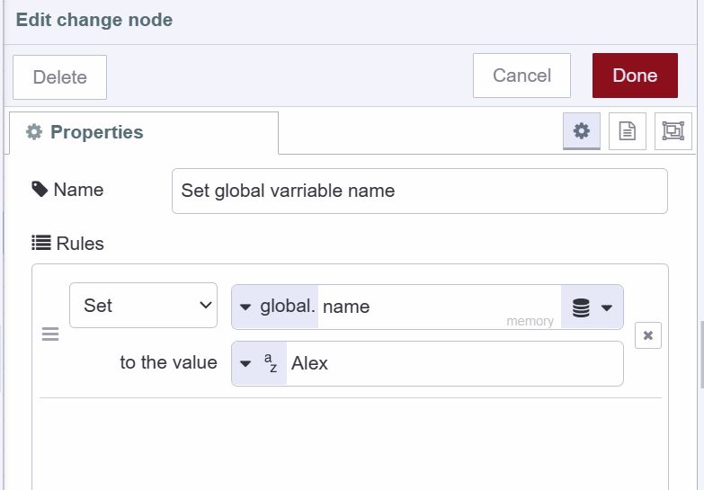 "Screenshot showing how to set global variable using the change node"