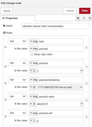 Image showing the Change node rules transforming vibration data