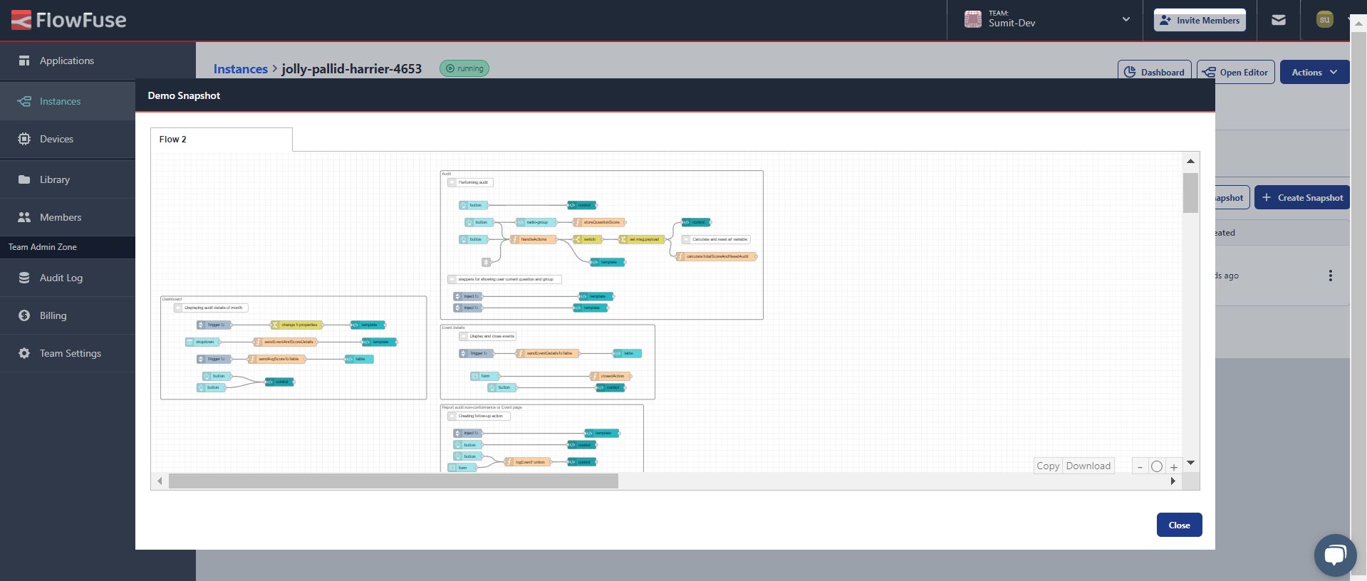 Image showing the snapshot view window in FlowFuse.