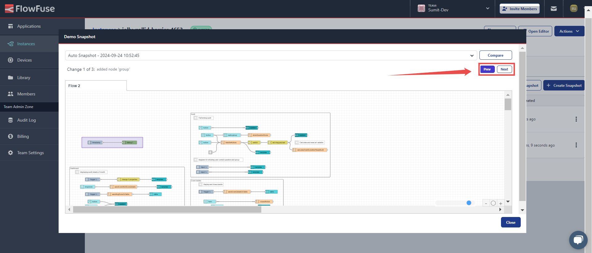 Image showing the comparison window for snapshots in FlowFuse, with differences highlighted in light purple color.