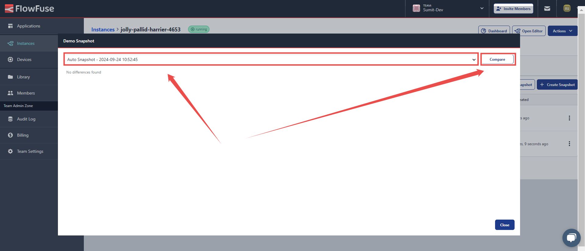 Image showing the comparison window in FlowFuse, featuring a dropdown to select the instance to compare and a compare button.