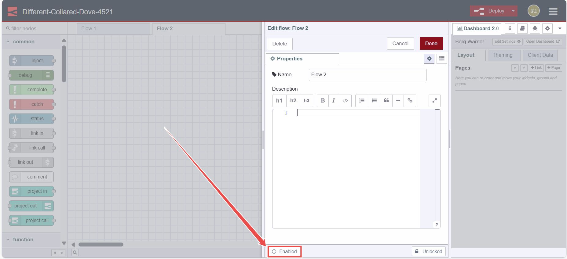 Image showing option to enable and disable flow in the edit dialog